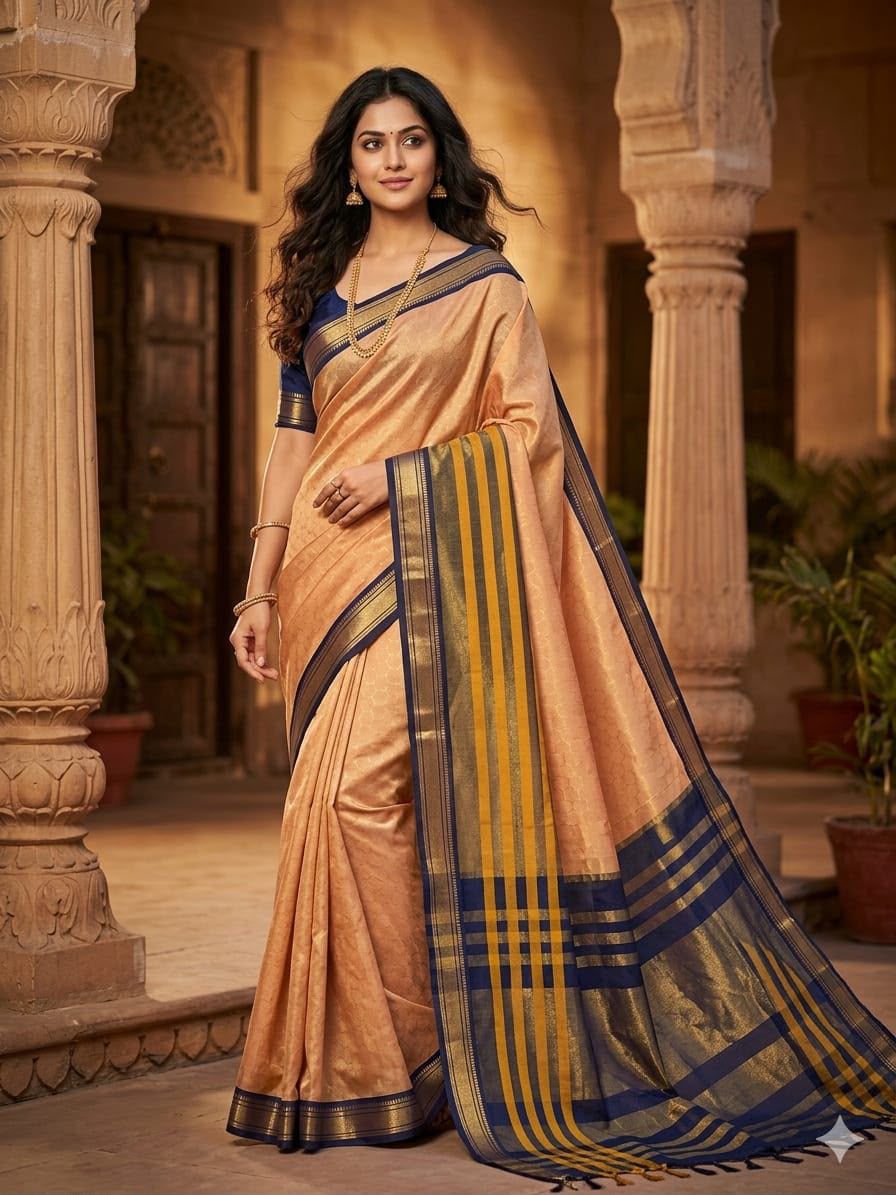 Cream Gold Silk Blend Saree with Blue Mustard Striped Pallu